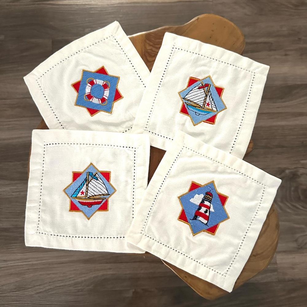 Vintage Embroidered Cocktail‎ Napkins NEW Nautical Sailing Boats Retro MCM Ocean
